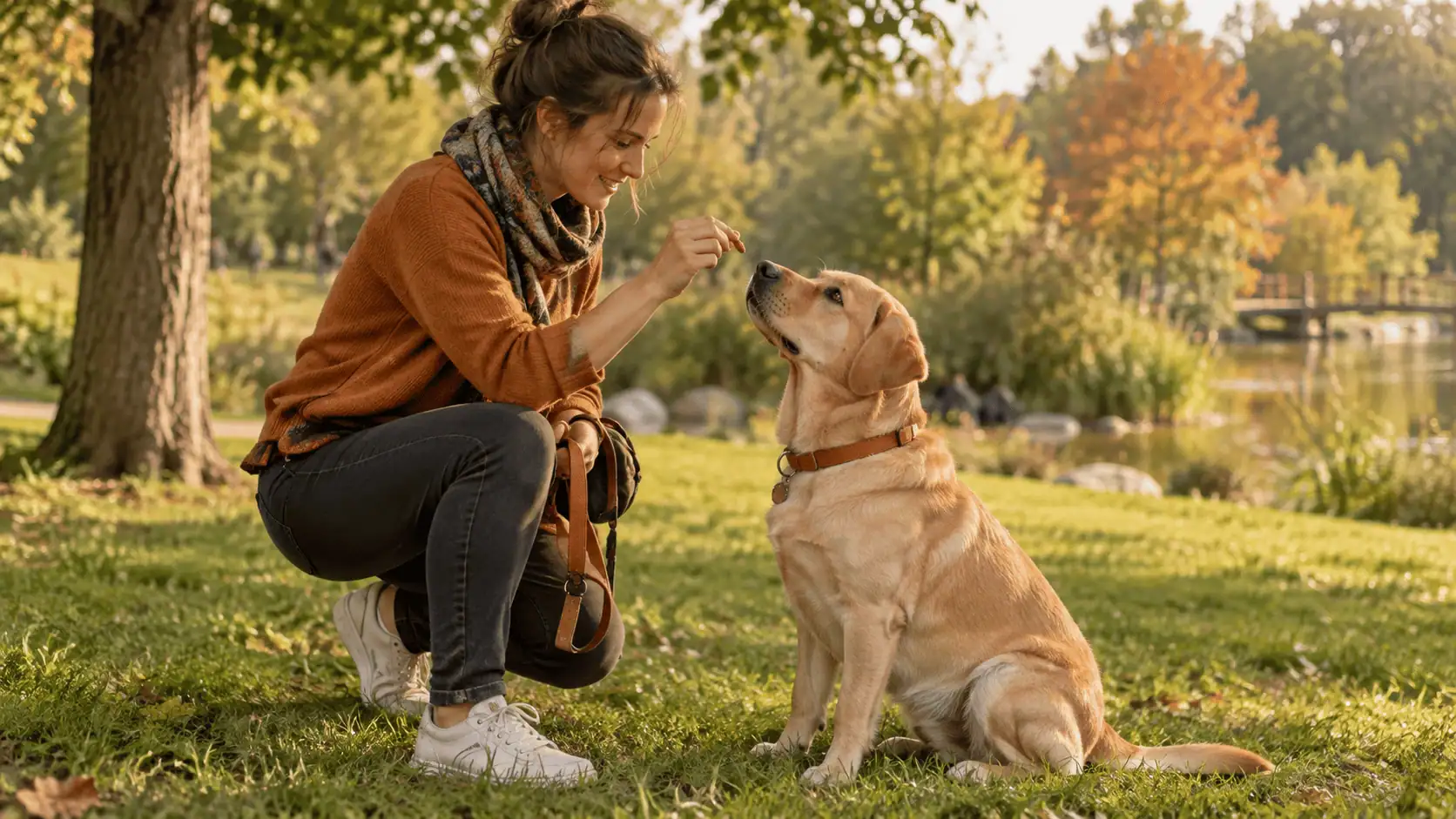 Golden Retriever assis recevant une récompense pendant une séance d'éducation